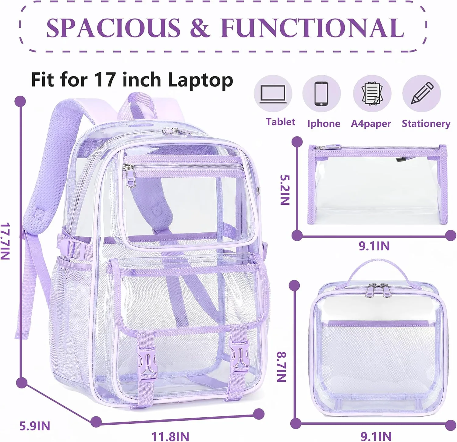 AO ALI VICTORY Large Clear Backpack for Women Men Girls School College Bookbag with Lunch Box Pencil Bag PVC Transparent Backpacks See Through Daypack for Sport Events Stadiums Work Travel,Purple Set