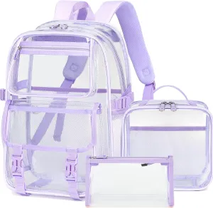 AO ALI VICTORY Large Clear Backpack for Women Men Girls School College Bookbag with Lunch Box Pencil Bag PVC Transparent Backpacks See Through Daypack for Sport Events Stadiums Work Travel,Purple Set