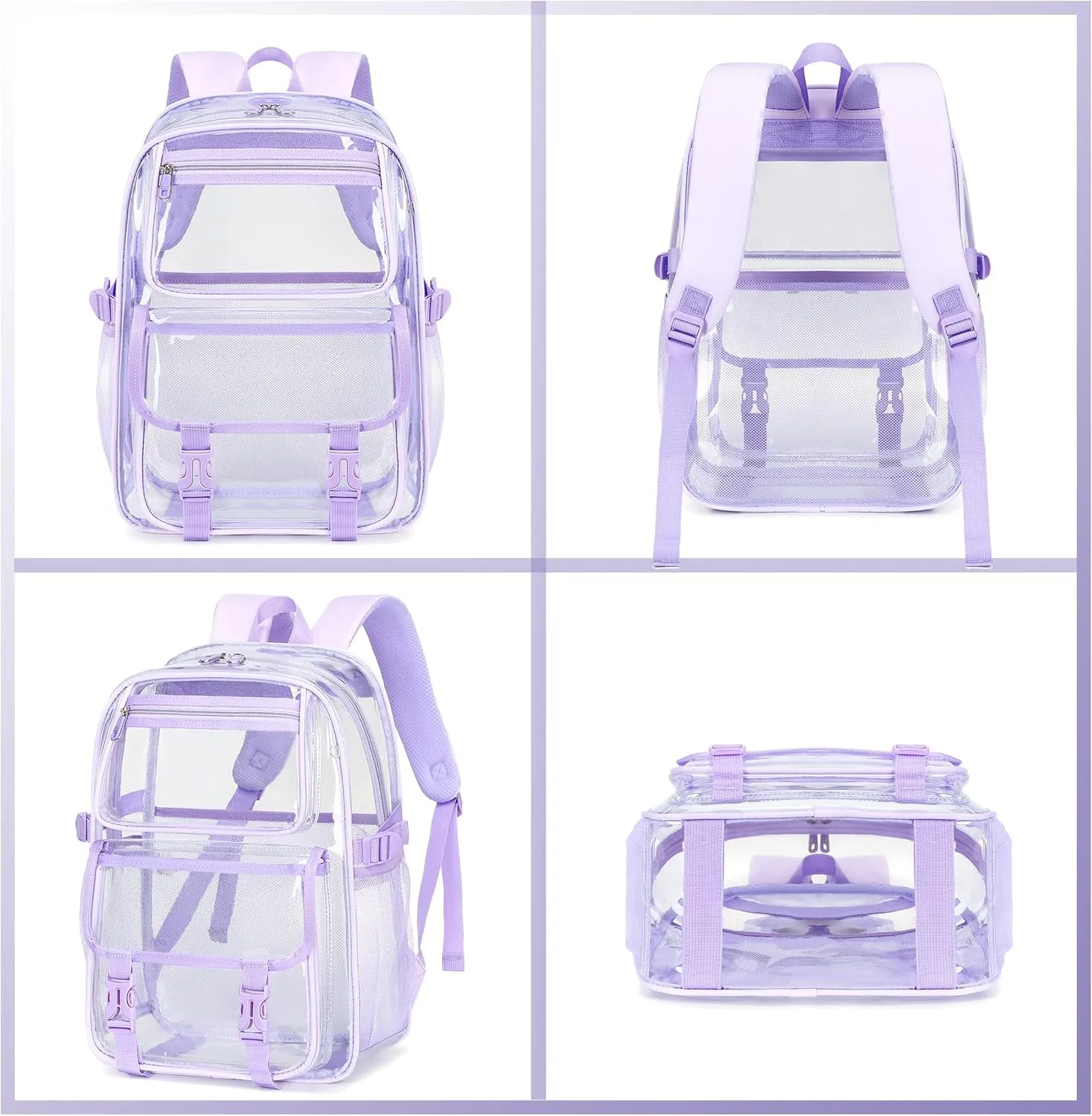 AO ALI VICTORY Large Clear Backpack for Women Men Girls School College Bookbag with Lunch Box Pencil Bag PVC Transparent Backpacks See Through Daypack for Sport Events Stadiums Work Travel,Purple Set