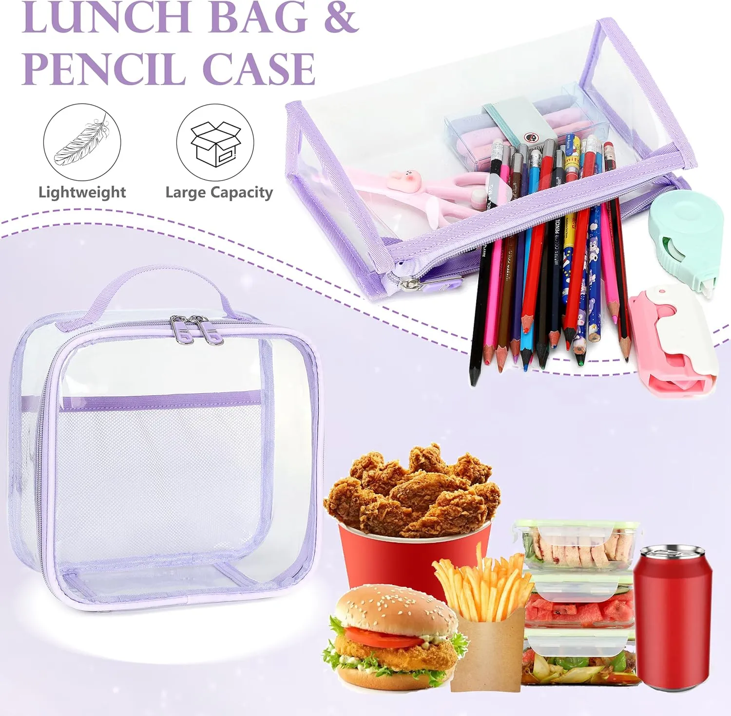 AO ALI VICTORY Large Clear Backpack for Women Men Girls School College Bookbag with Lunch Box Pencil Bag PVC Transparent Backpacks See Through Daypack for Sport Events Stadiums Work Travel,Purple Set