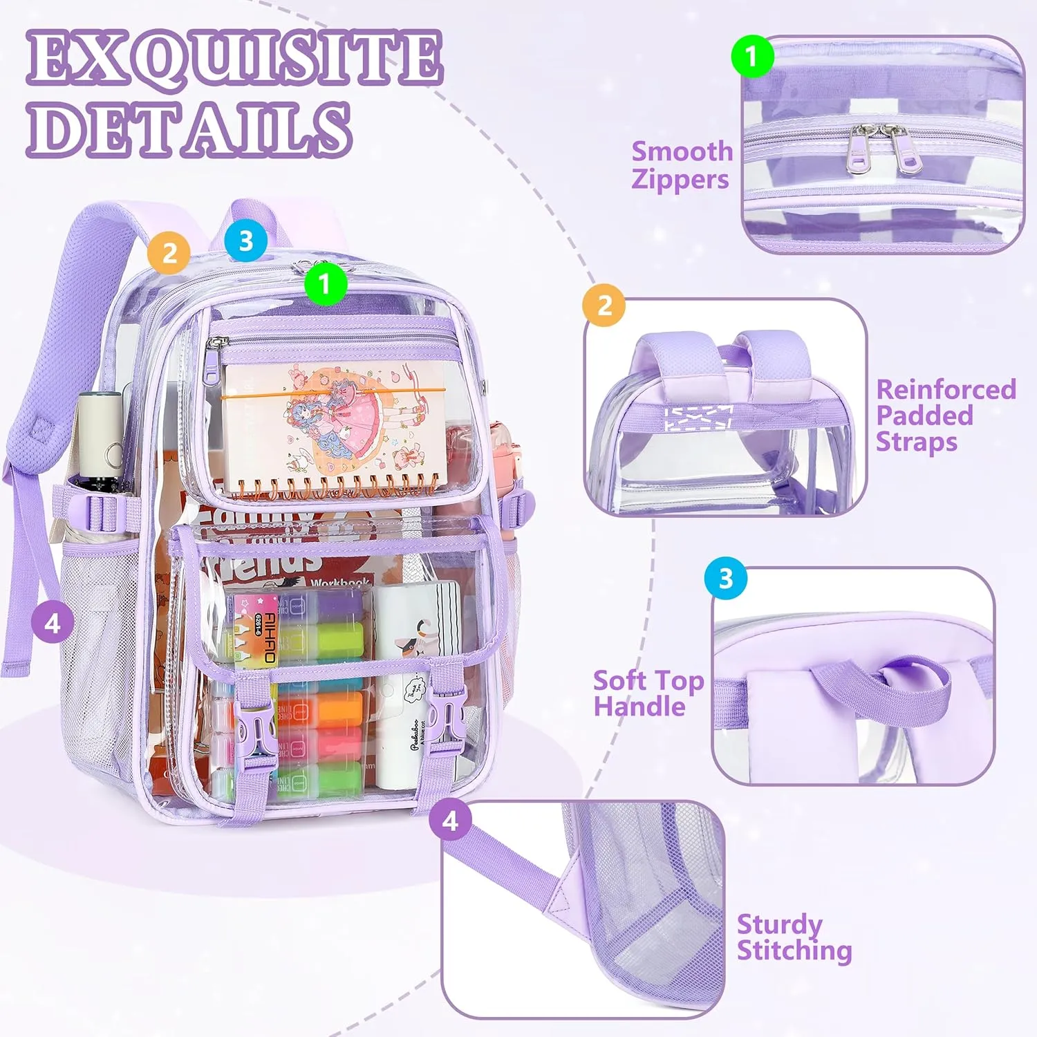 AO ALI VICTORY Large Clear Backpack for Women Men Girls School College Bookbag with Lunch Box Pencil Bag PVC Transparent Backpacks See Through Daypack for Sport Events Stadiums Work Travel,Purple Set