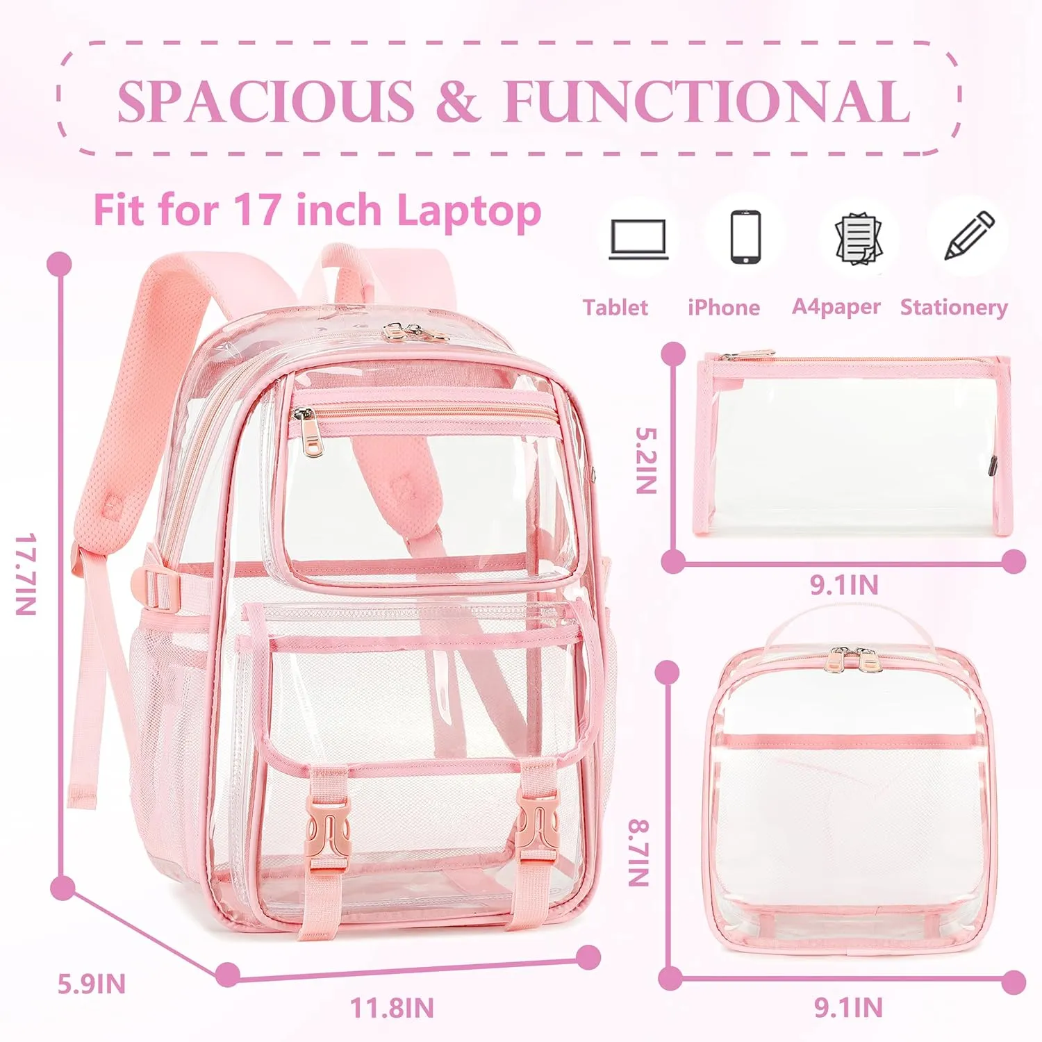 AO ALI VICTORY Large Clear Backpack for Women Men Girls School College Bookbag with Lunch Box Pencil Bag PVC Transparent Backpacks See Through Daypack for Sport Events Stadiums,Work,Travel,Pink Set