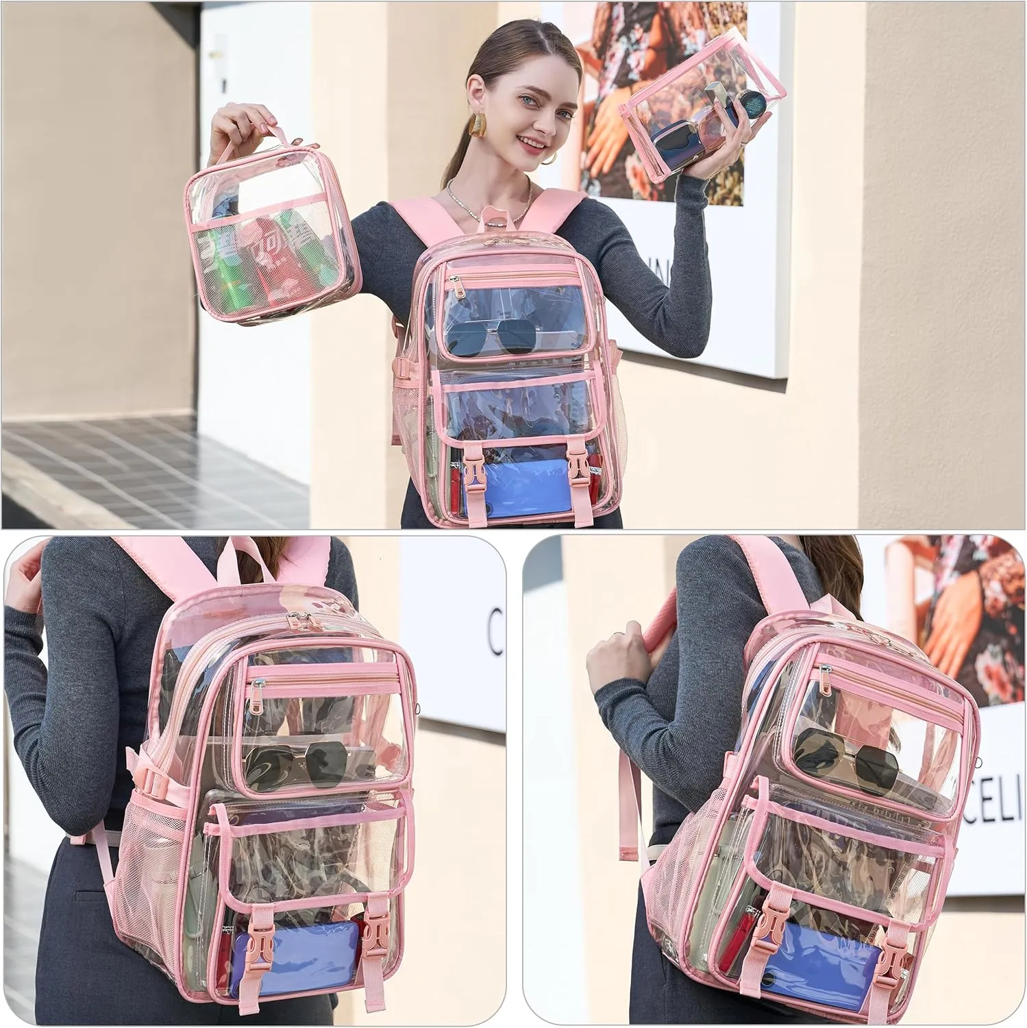 AO ALI VICTORY Large Clear Backpack for Women Men Girls School College Bookbag with Lunch Box Pencil Bag PVC Transparent Backpacks See Through Daypack for Sport Events Stadiums,Work,Travel,Pink Set