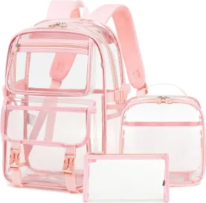 AO ALI VICTORY Large Clear Backpack for Women Men Girls School College Bookbag with Lunch Box Pencil Bag PVC Transparent Backpacks See Through Daypack for Sport Events Stadiums,Work,Travel,Pink Set
