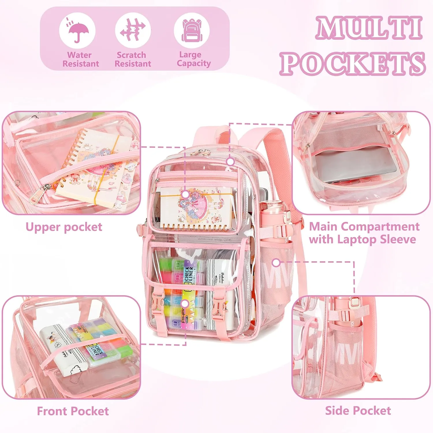AO ALI VICTORY Large Clear Backpack for Women Men Girls School College Bookbag with Lunch Box Pencil Bag PVC Transparent Backpacks See Through Daypack for Sport Events Stadiums,Work,Travel,Pink Set