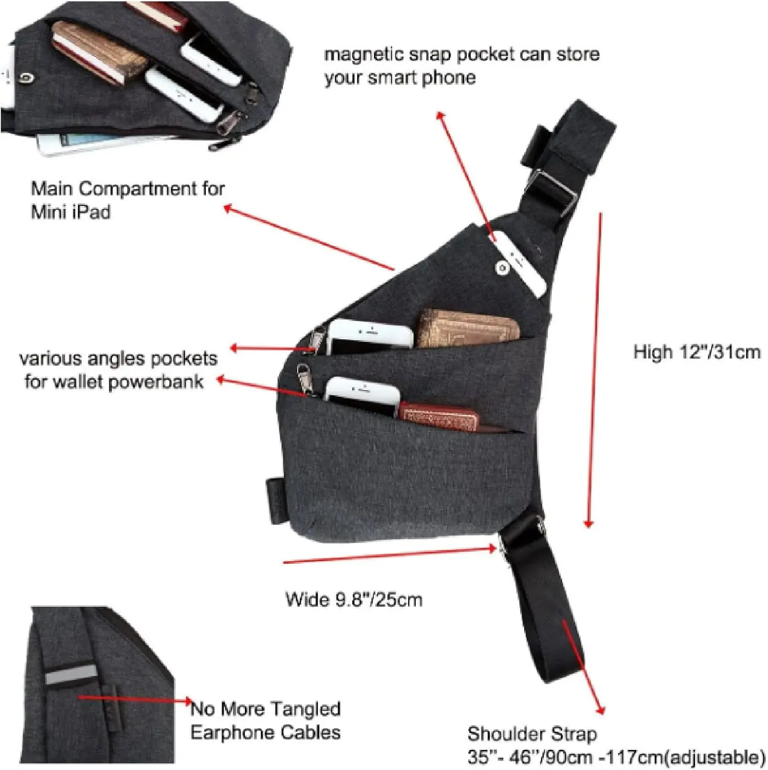 APLUSH Anti Theft Crossbody Travel Bags Slim Sling Bag with Adjustable Strap Multi-Pocket Shoulder Bag