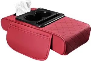 Arm Rest Cover for Car, Microfiber Leather Car Center Console Cover with 2 Storage Bags, 2 Cup Holders and a Tissue Box, Universal Car Accessories, Red