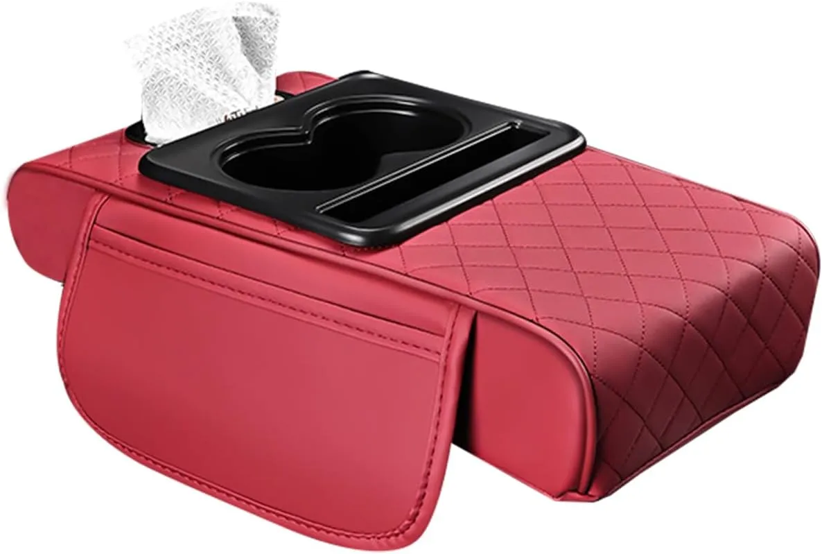 Arm Rest Cover for Car, Microfiber Leather Car Center Console Cover with 2 Storage Bags, 2 Cup Holders and a Tissue Box, Universal Car Accessories, Red