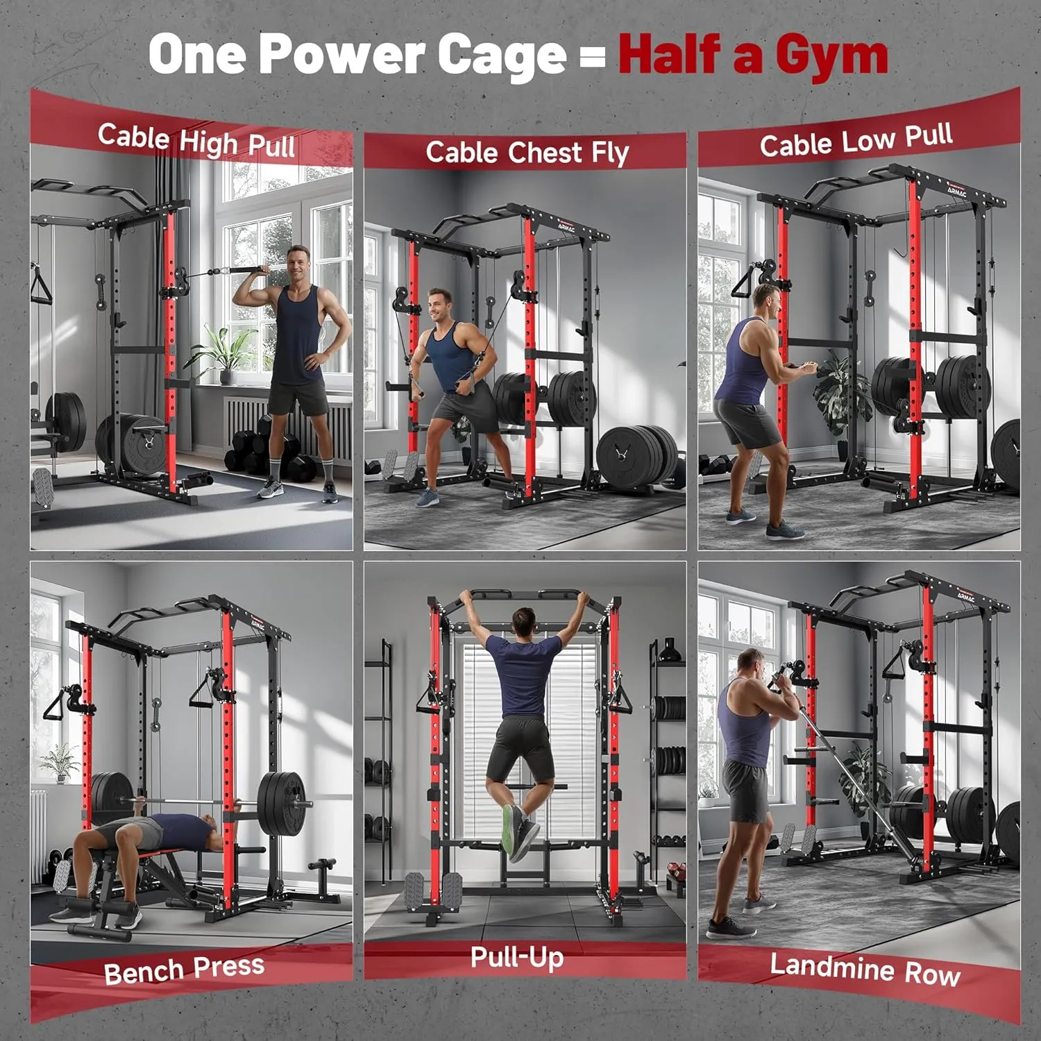 ARMAC Power Cage,Power Rack with LAT Pulldown,Multi-Function Training Attachments for Home Gym Fitnees Equipment,1500LBS