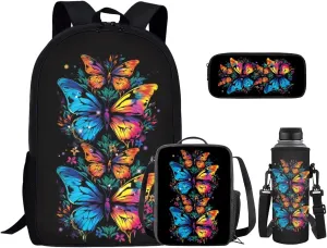 Art Butterfly Backpack for Girls Large Backpacks Set with Lunch Box Kids School Shoulder Bags for Travel Handbag Waterproof Backpacks Easy to Clean School Bag Book Packs