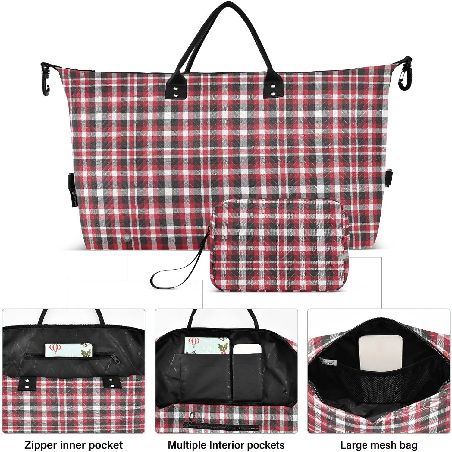 Aslsiy Travel Duffel Bags for Women Classic Plaid Tartan Pattern Sports Duffel Bags Weekender Bags Gym Bag with Toiletry Bag Carry on Overnight Bag