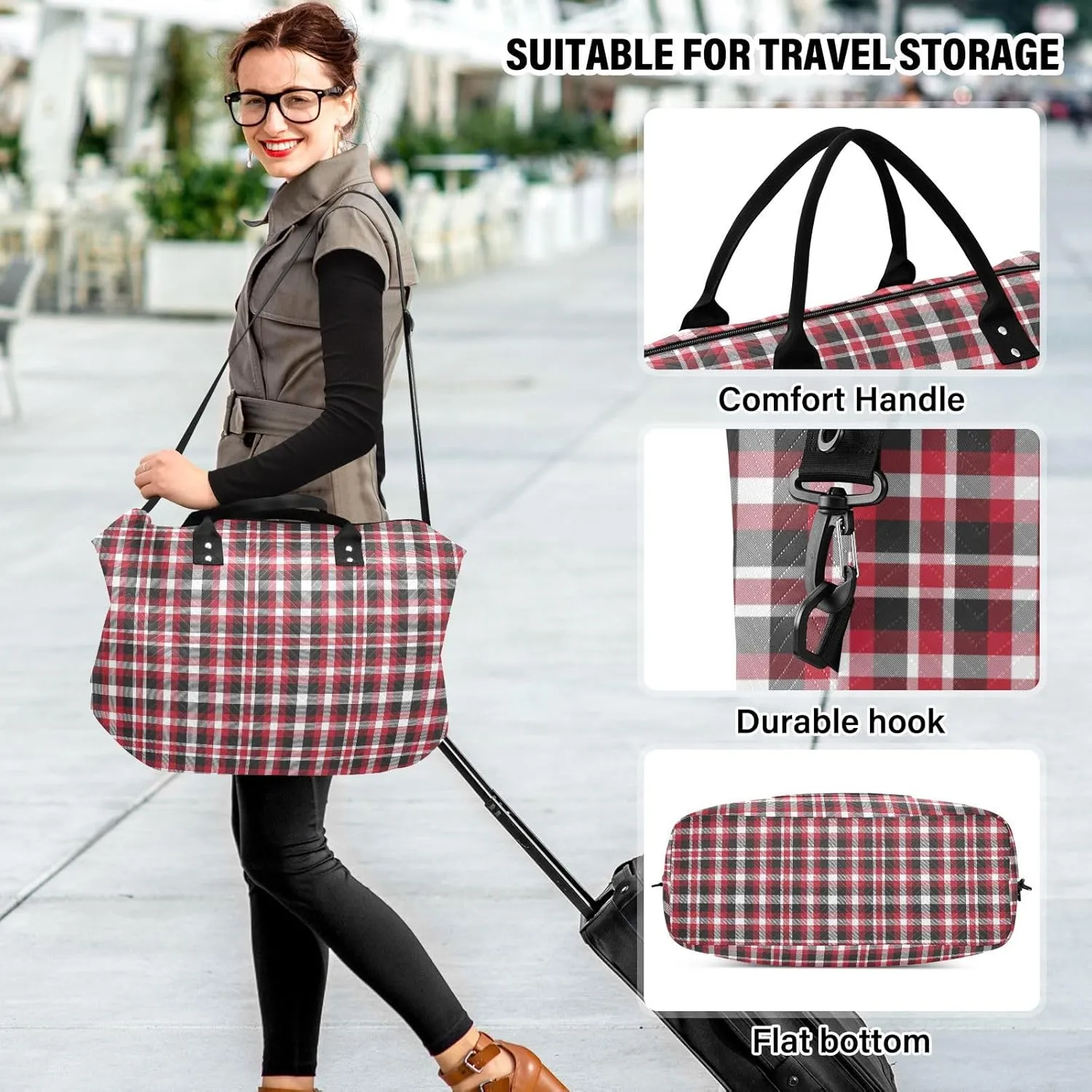 Aslsiy Travel Duffel Bags for Women Classic Plaid Tartan Pattern Sports Duffel Bags Weekender Bags Gym Bag with Toiletry Bag Carry on Overnight Bag