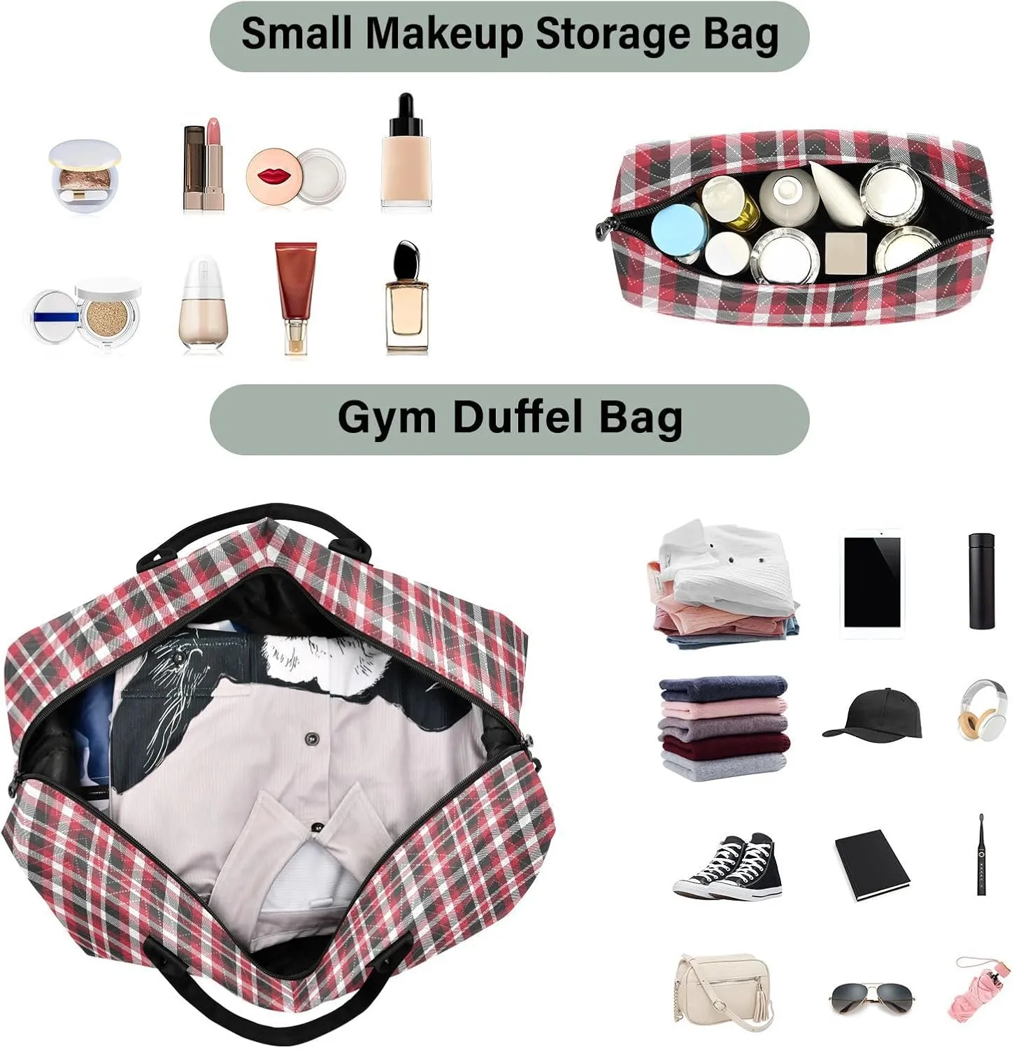 Aslsiy Travel Duffel Bags for Women Classic Plaid Tartan Pattern Sports Duffel Bags Weekender Bags Gym Bag with Toiletry Bag Carry on Overnight Bag