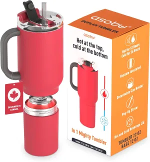 asobu DUPLEX 2-in-1 Travel Mug and Beer Can Holder Enjoy hot and cold drinks simultaneously -22 oz Hot Coffee or Tea Tumbler with Attached 12 oz Cold Can Holder for Beer or Soda, Red