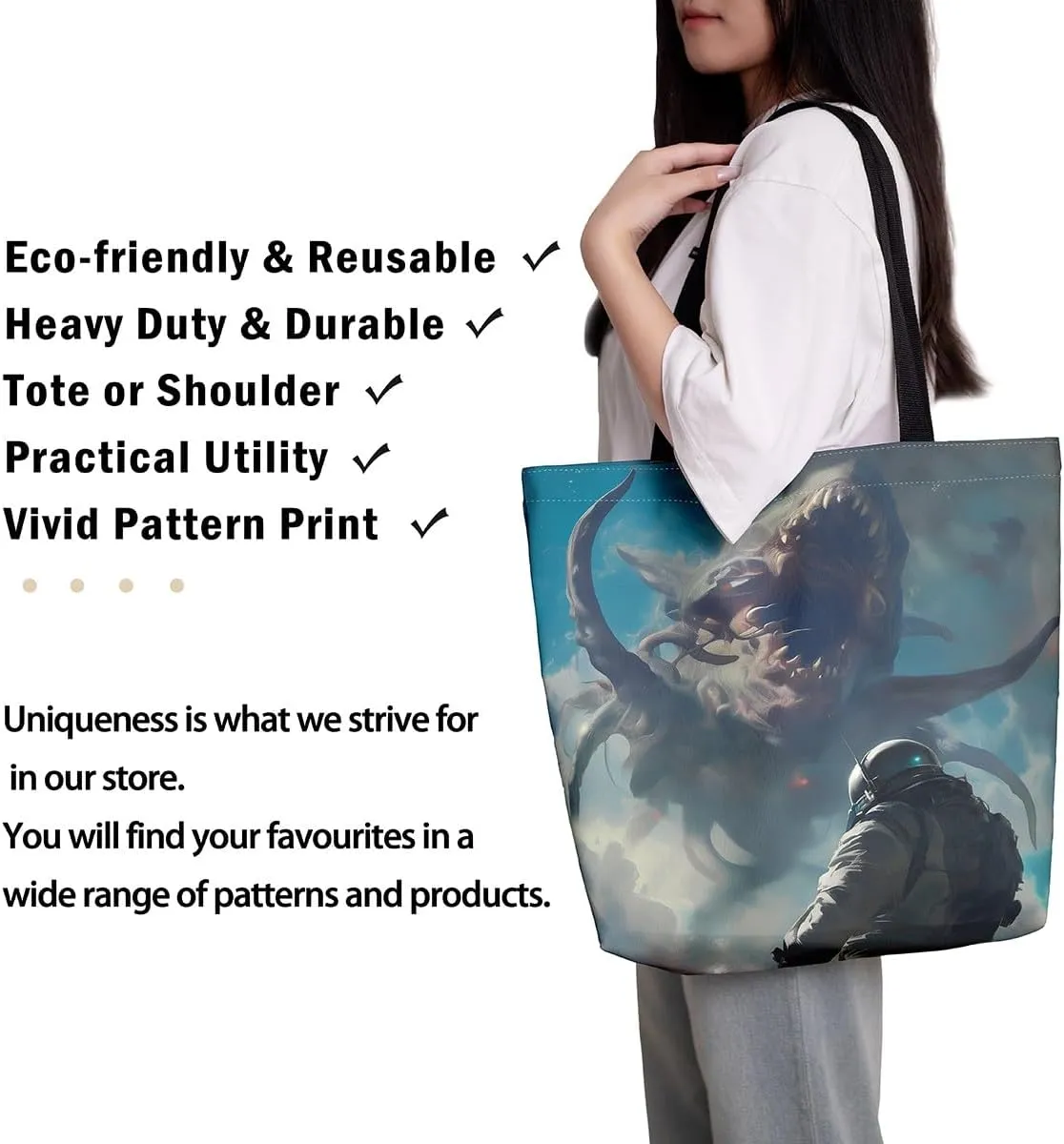 Astronaut Canvas Tote Bag,Fantasy Clouds Tote Bag,Outer Space Themed Shopping Grocery Bags