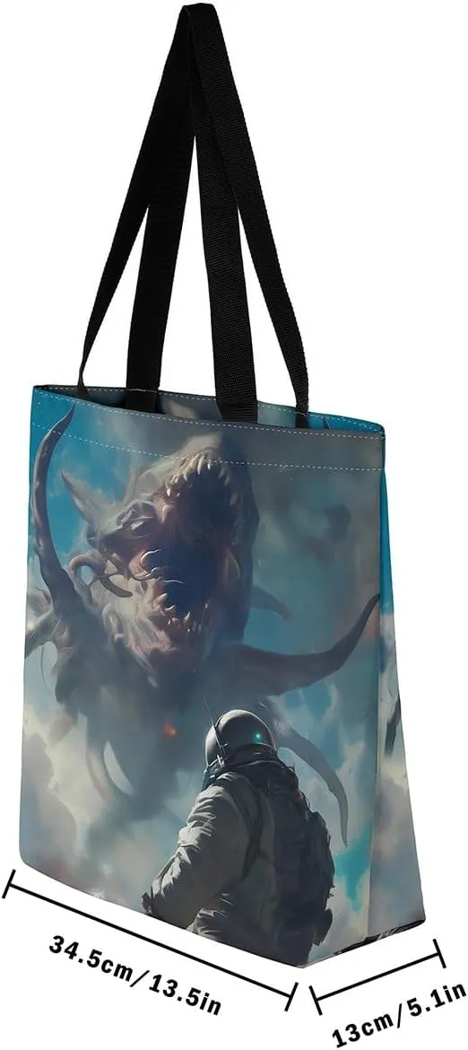 Astronaut Canvas Tote Bag,Fantasy Clouds Tote Bag,Outer Space Themed Shopping Grocery Bags