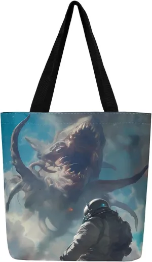 Astronaut Canvas Tote Bag,Fantasy Clouds Tote Bag,Outer Space Themed Shopping Grocery Bags