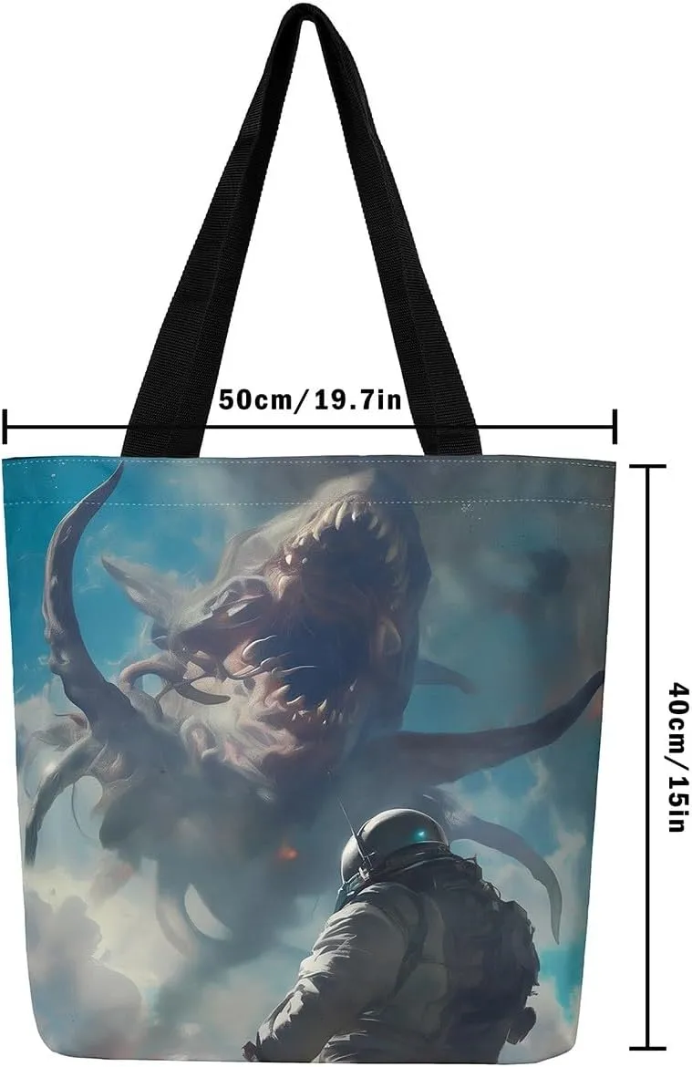 Astronaut Canvas Tote Bag,Fantasy Clouds Tote Bag,Outer Space Themed Shopping Grocery Bags