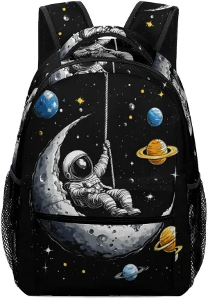 Astronaut Moon Swing Planets Spacees Galaxy Laptop Backpack Durable Travel Daypack Casual Shoulder Bag for Sport Hiking