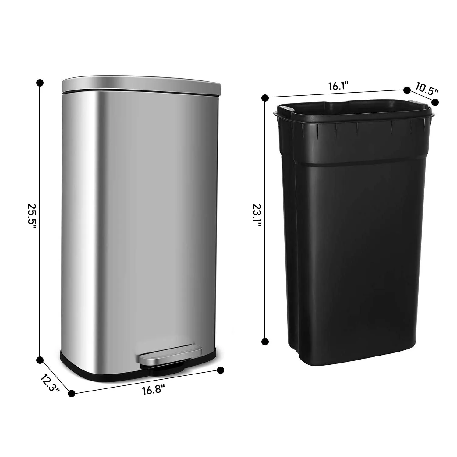AthLike Trash Can, Stainless Steel Kitchen Garbage Can, Step Waste Bin with Hinged Lid and Removable Inner Bucket, Soft-Close, Dustbin for Bathroom Bedroom Living Room Home (Silver, 13.2 Gal)