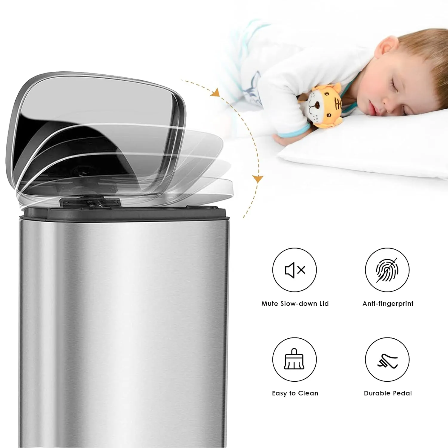 AthLike Trash Can, Stainless Steel Kitchen Garbage Can, Step Waste Bin with Hinged Lid and Removable Inner Bucket, Soft-Close, Dustbin for Bathroom Bedroom Living Room Home (Silver, 13.2 Gal)