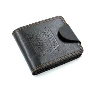 Attack on Titan Brown Short Men'S Wallet Fold over PU Leather Button Purse with Zipper Pocket