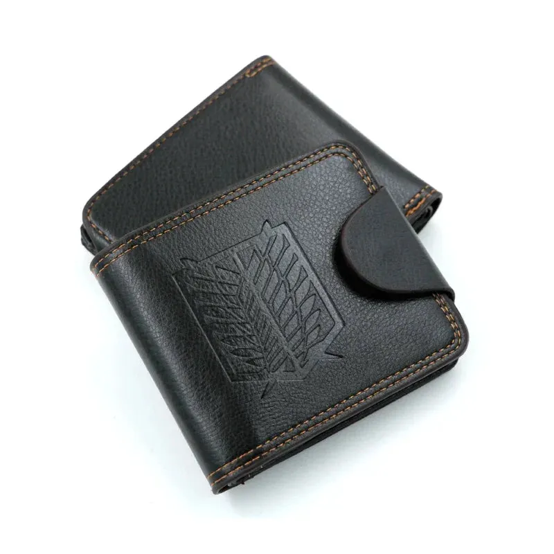Attack on Titan Brown Short Men'S Wallet Fold over PU Leather Button Purse with Zipper Pocket