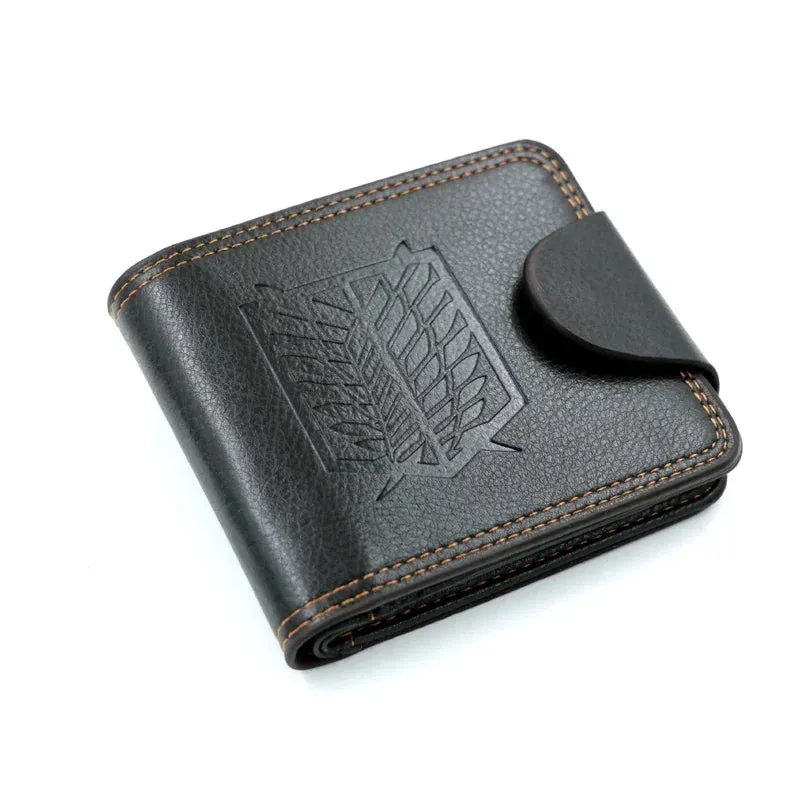 Attack on Titan Brown Short Men'S Wallet Fold over PU Leather Button Purse with Zipper Pocket