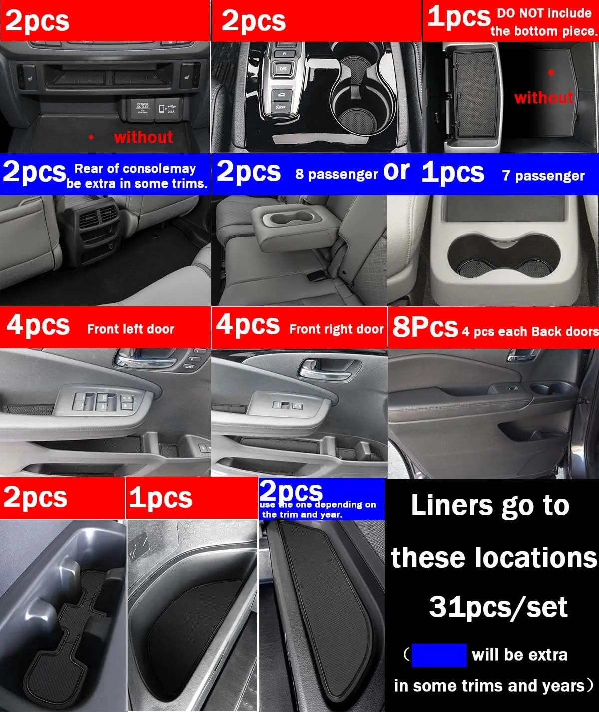 auovo Door Mats for Honda Pilot 2021 2022 2016-2020 Interior Accessories Custom Fit Door Compartment Cup Holder Center Console Anti Dust Mats Inserts (31pcs/Set) (Black Trim)
