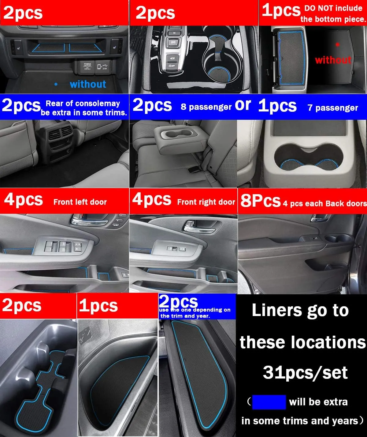auovo Door Mats for Honda Pilot 2021 2022 2016-2020 Interior Accessories Custom Fit Door Compartment Cup Holder Center Console Anti Dust Mats Inserts (31pcs/Set) (Blue Trim)