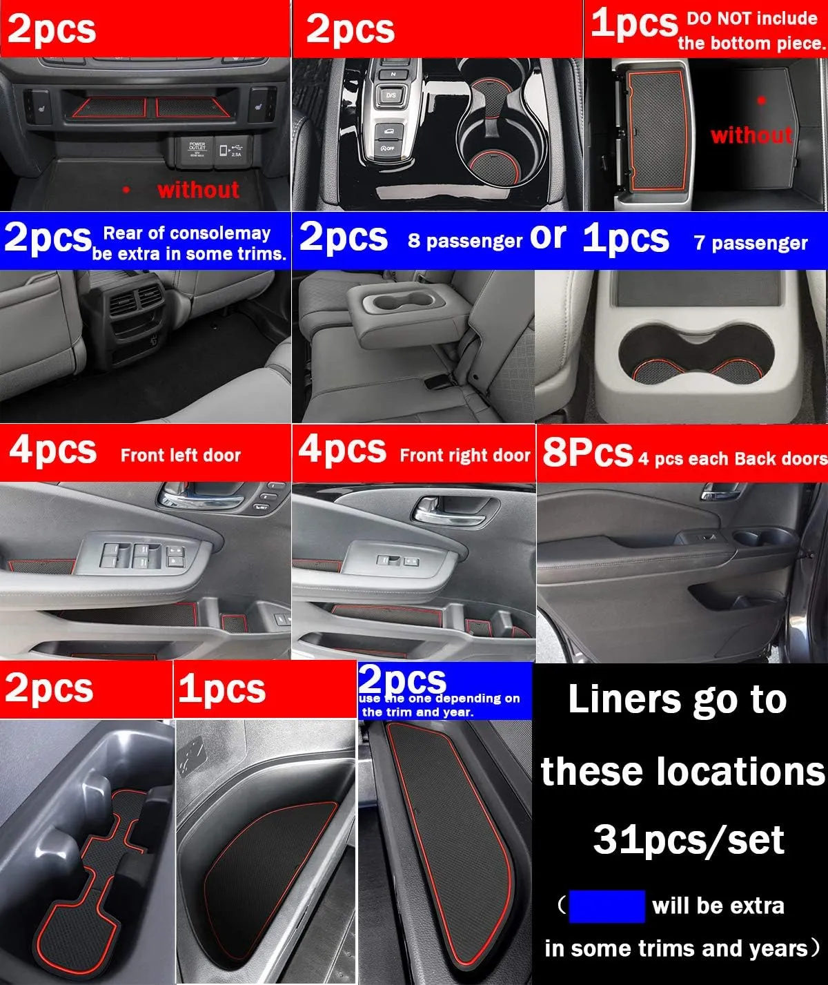 auovo Door Mats for Honda Pilot 2021 2022 2016-2020 Interior Accessories Custom Fit Door Compartment Cup Holder Center Console Anti Dust Mats Inserts (31pcs/Set) (Red Trim)
