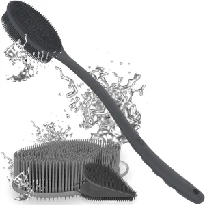 Avilana Style 2 Silver-Infused Body Scrubber (Gray)   Long Handle Silver-Infused Back Scrubber (Gray)   Gentle Face Scrubber (Gray) | Quick-Dry, Odor Control Shower Set for Full-Body Care