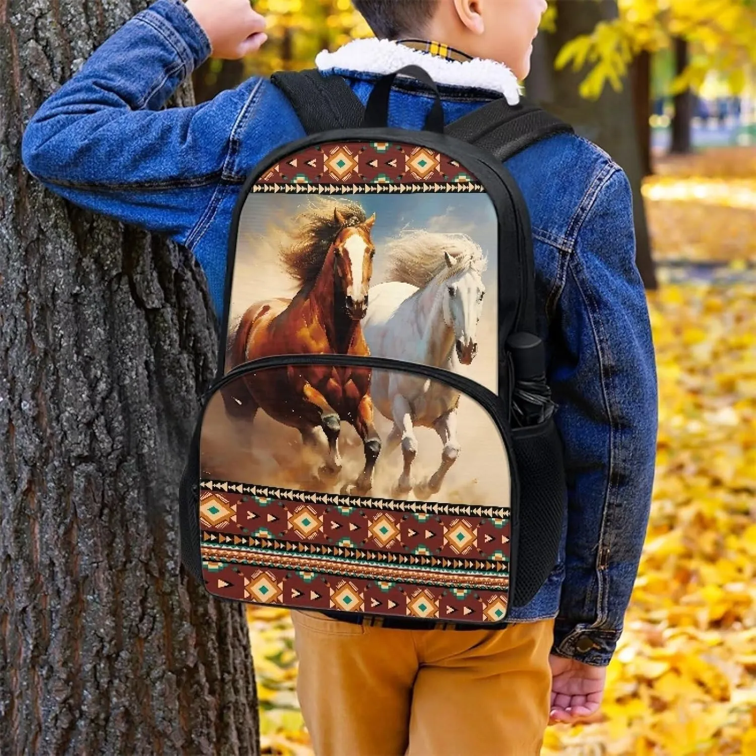 Aztec Running Horse Print School Bags Back to School 17 Inches Schoolbags for Teenager Portable Shopping Sports Backpacks