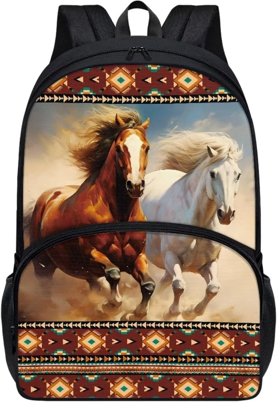 Aztec Running Horse Print School Bags Back to School 17 Inches Schoolbags for Teenager Portable Shopping Sports Backpacks