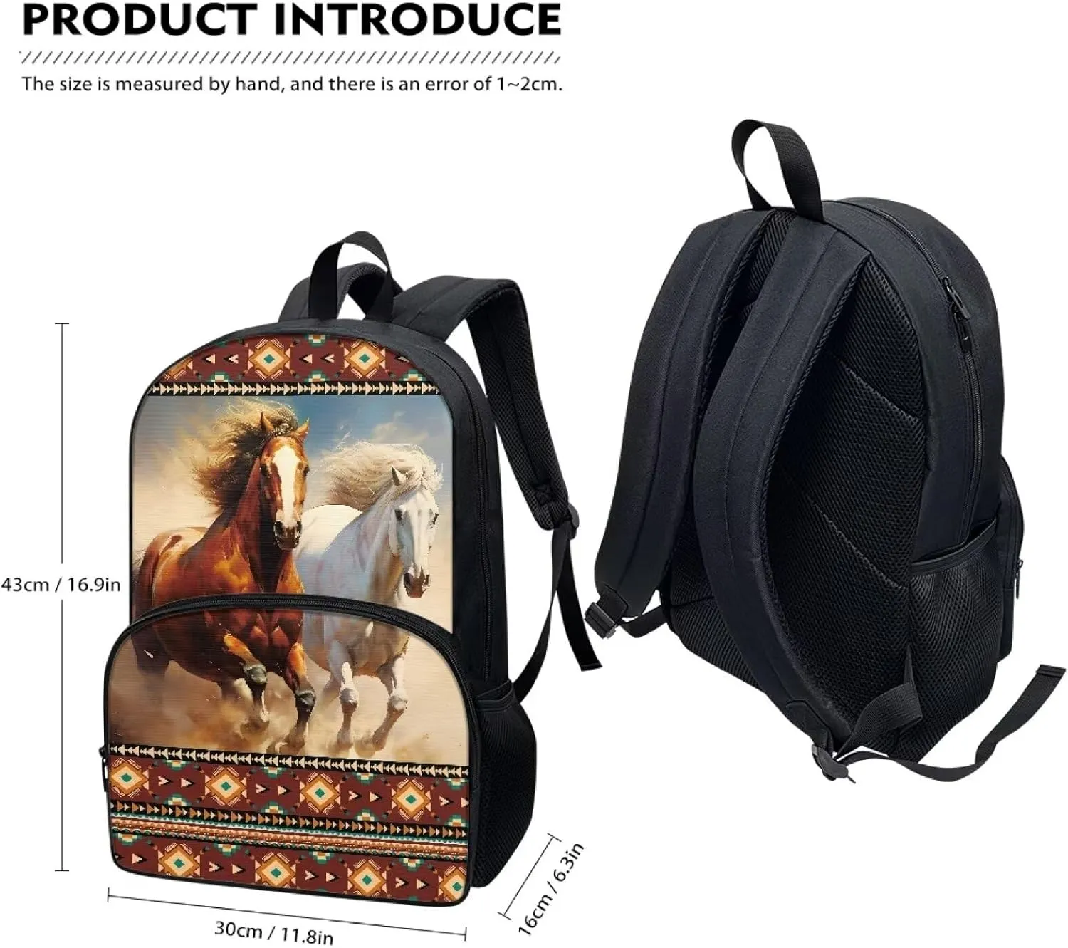 Aztec Running Horse Print School Bags Back to School 17 Inches Schoolbags for Teenager Portable Shopping Sports Backpacks