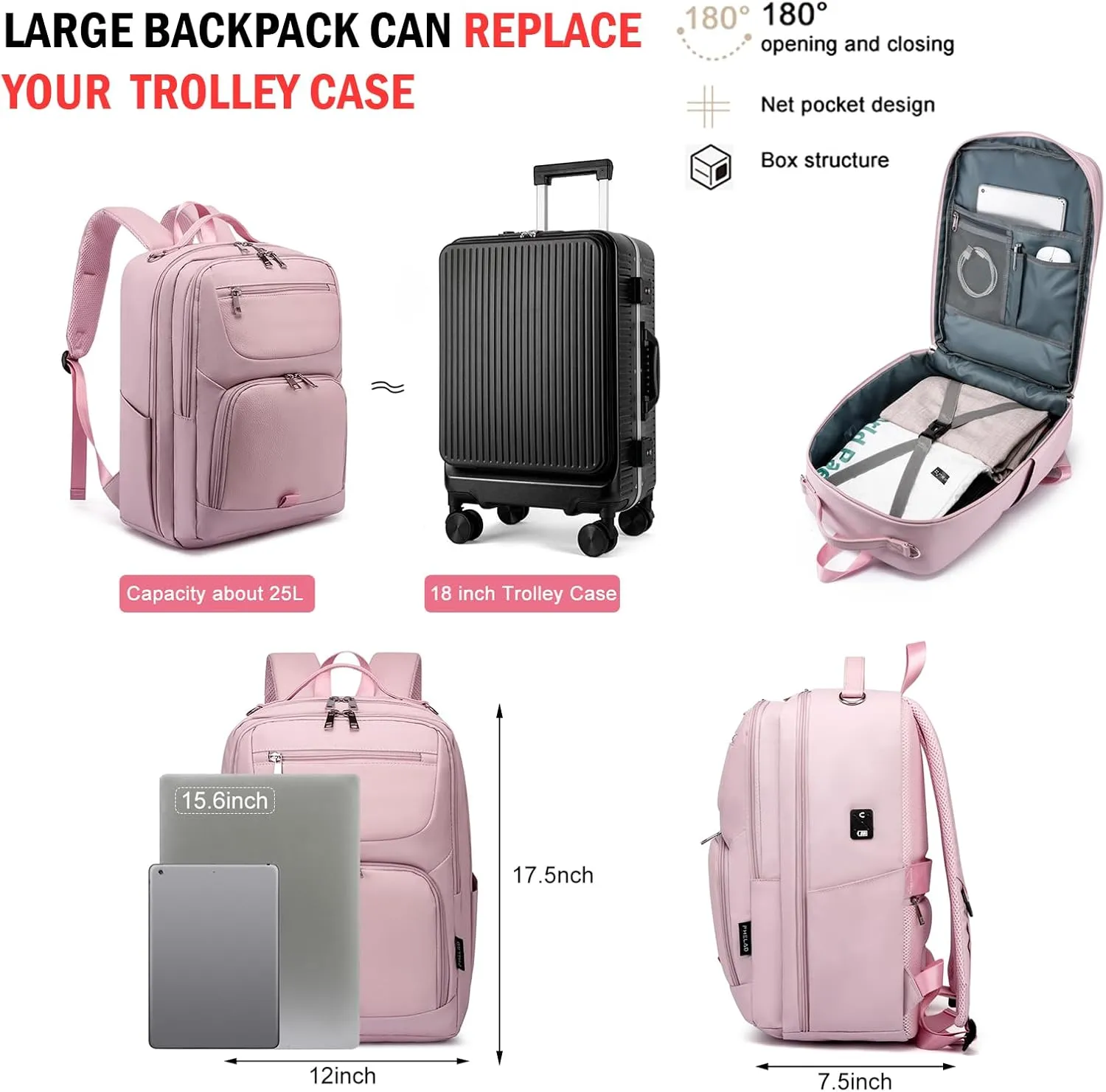 Baby Bag for Mom Baby Girl Diaper Bag Backpack with Laptop Compartment 16", Carry on Backpack Large Capacity Travel Backpack, Multifunctional Waterproof Bags for Women, Flight Approved,Pink