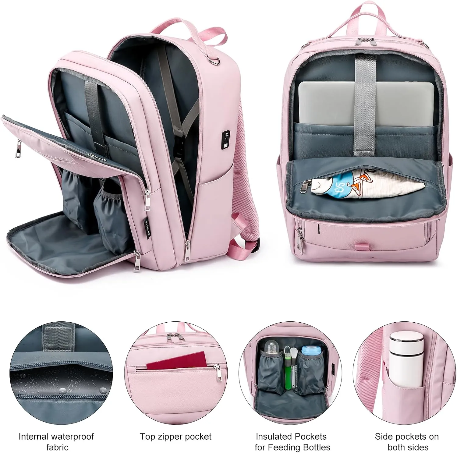 Baby Bag for Mom Baby Girl Diaper Bag Backpack with Laptop Compartment 16", Carry on Backpack Large Capacity Travel Backpack, Multifunctional Waterproof Bags for Women, Flight Approved,Pink