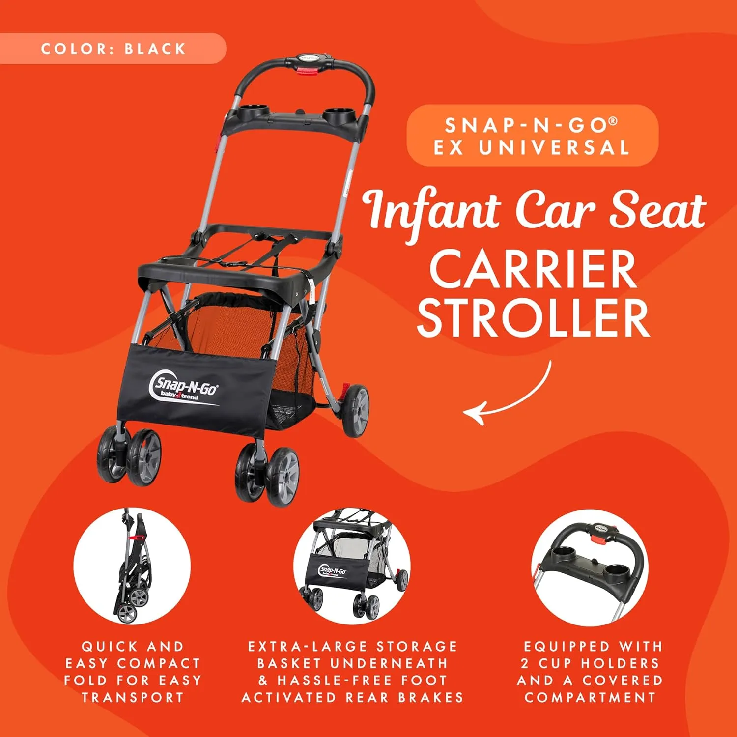Baby Trend Snap N Go EX Polyester Lightweight Foldable Universal Single Infant Car Seat Carrier with 2 Cup Holder and Covered Compartment, Black