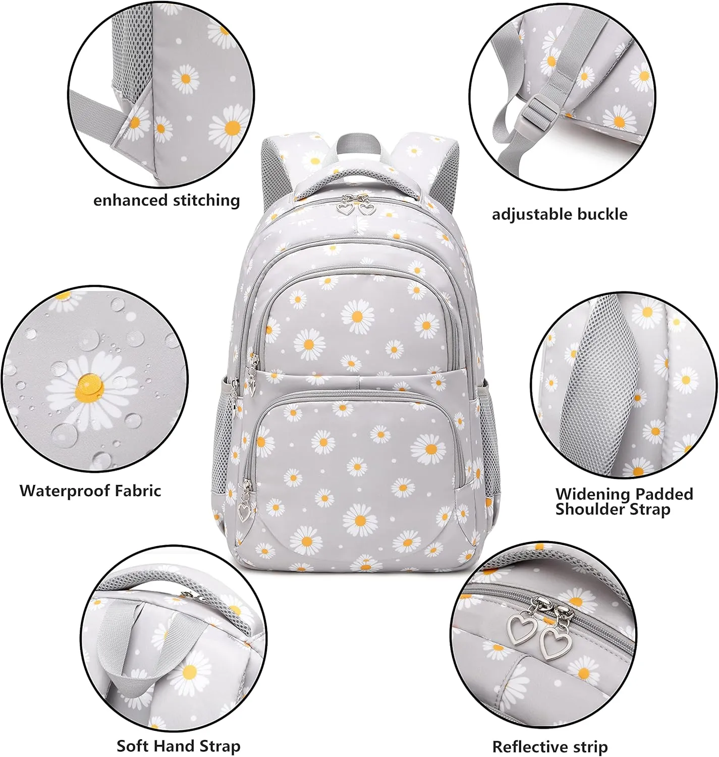 Backpack for Girls Kids Bookbag Primary School Daypack Teens Girls Bags with Lunch Box set (Daisy Black)