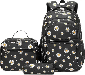 Backpack for Girls Kids Bookbag Primary School Daypack Teens Girls Bags with Lunch Box set (Daisy Black)