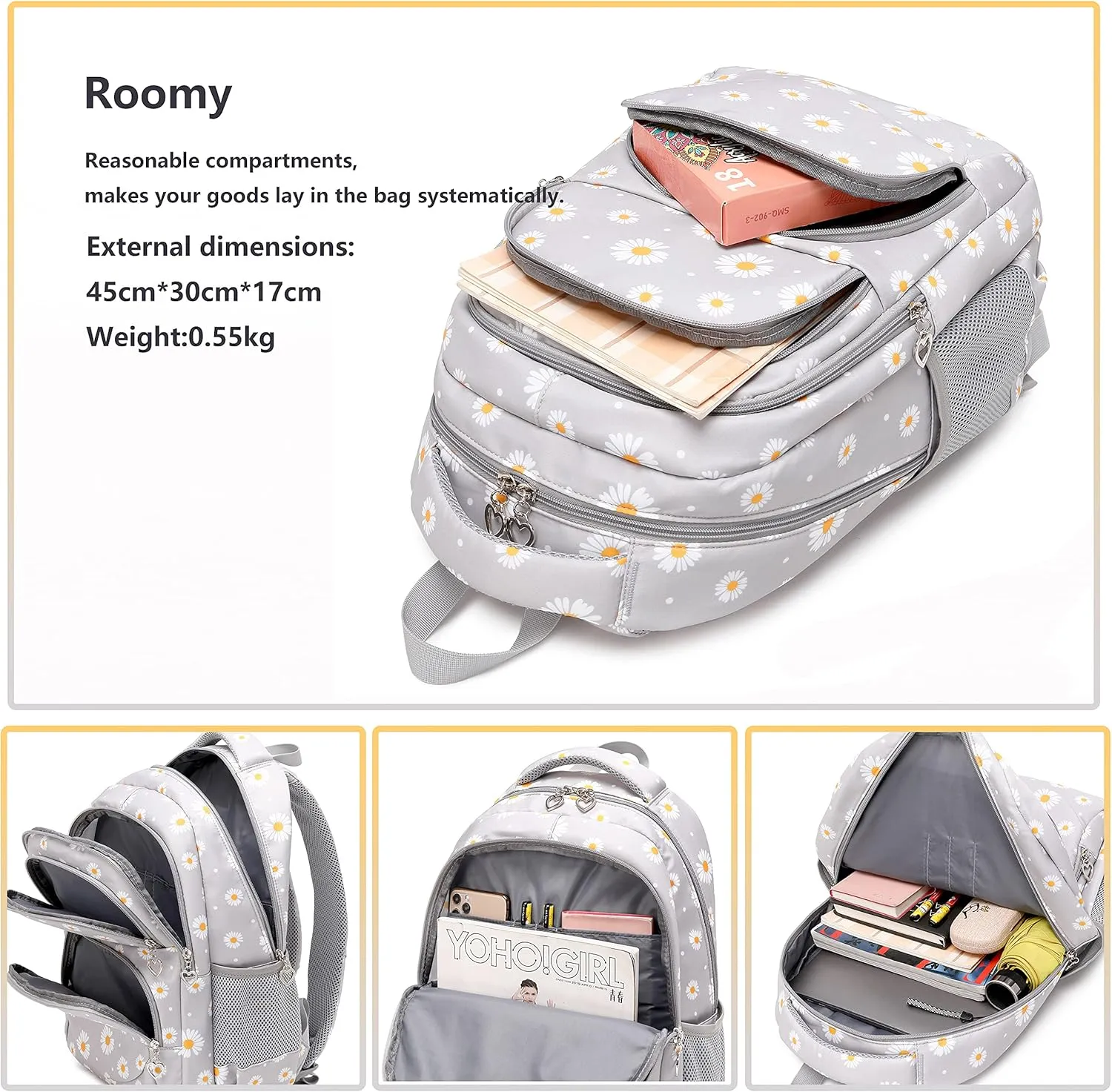 Backpack for Girls Kids Bookbag Primary School Daypack Teens Girls Bags with Lunch Box set (Daisy Black)