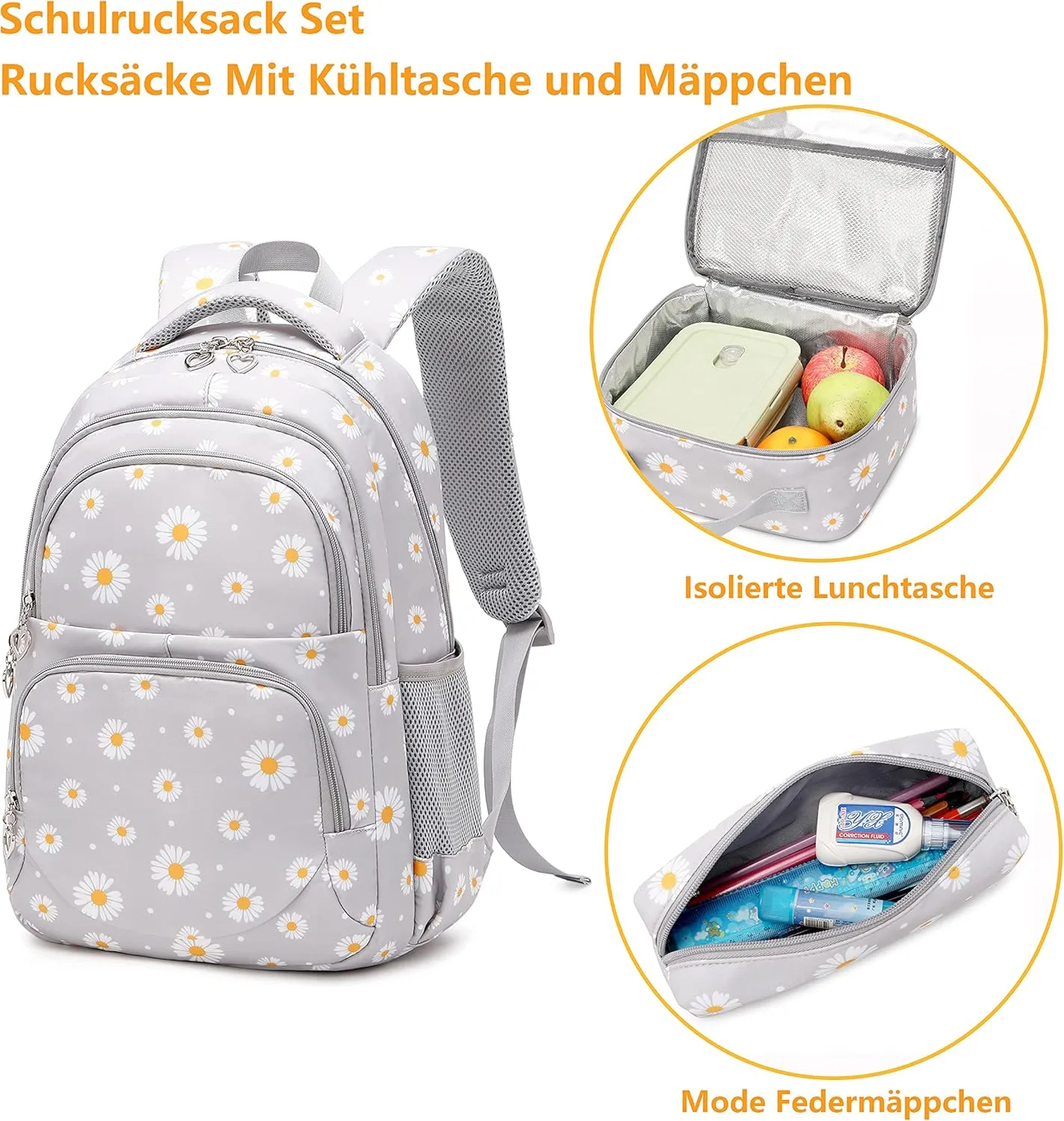 Backpack for Girls Kids Bookbag Primary School Daypack Teens Girls Bags with Lunch Box set (Daisy Black)
