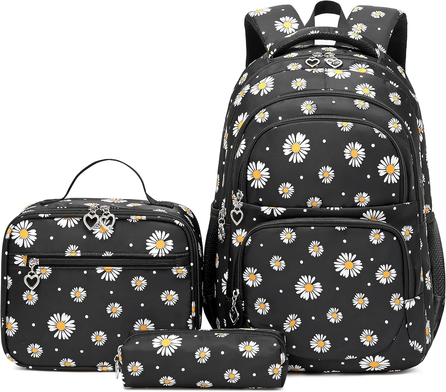 Backpack for Girls Kids Bookbag Primary School Daypack Teens Girls Bags with Lunch Box set (Daisy Black)