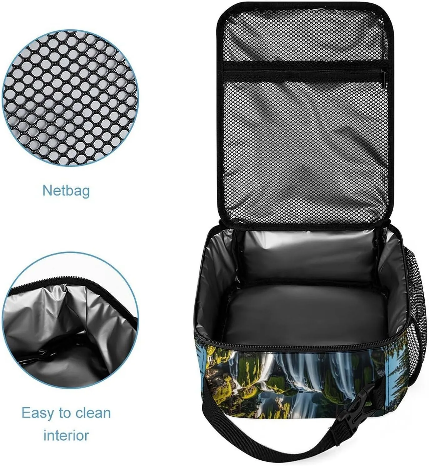 Backpack Lunch Bag Pencil Pouch Set, Green Pine Waterfall Print Lightweight & Durable 3-Piece Combo Ideal for Work, And Travel