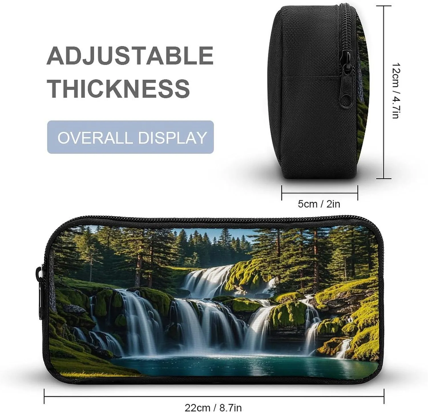 Backpack Lunch Bag Pencil Pouch Set, Green Pine Waterfall Print Lightweight & Durable 3-Piece Combo Ideal for Work, And Travel