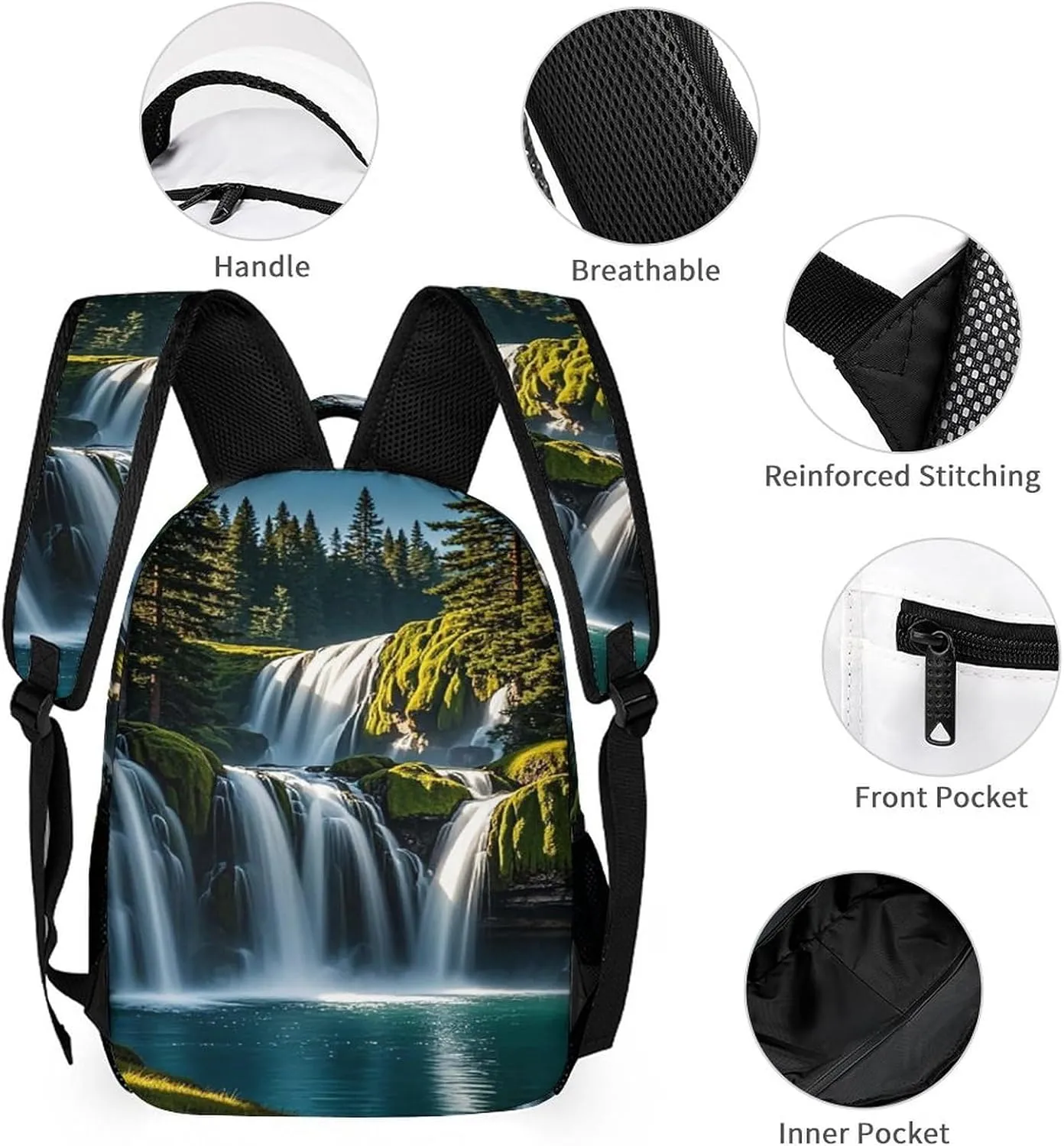 Backpack Lunch Bag Pencil Pouch Set, Green Pine Waterfall Print Lightweight & Durable 3-Piece Combo Ideal for Work, And Travel