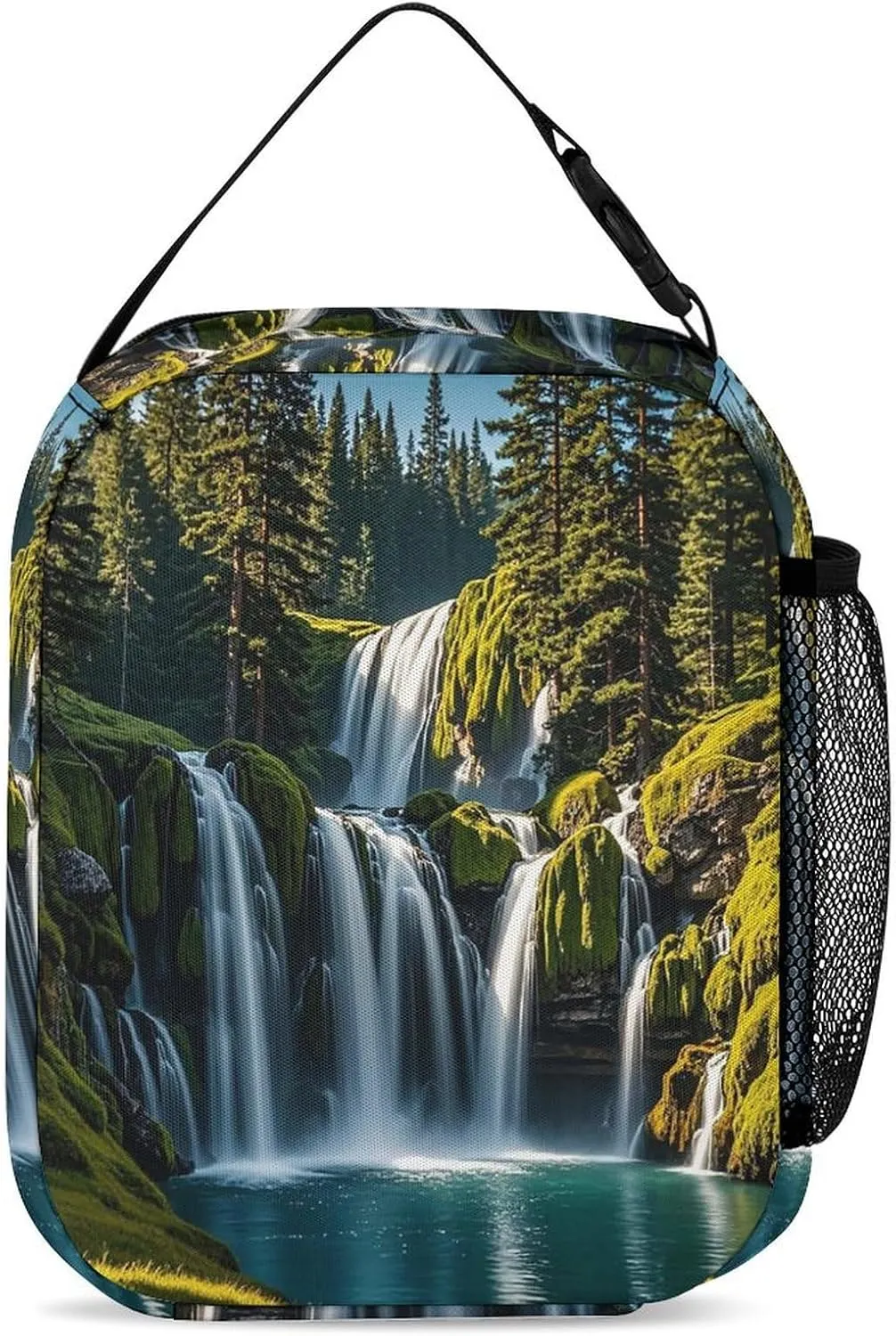 Backpack Lunch Bag Pencil Pouch Set, Green Pine Waterfall Print Lightweight & Durable 3-Piece Combo Ideal for Work, And Travel