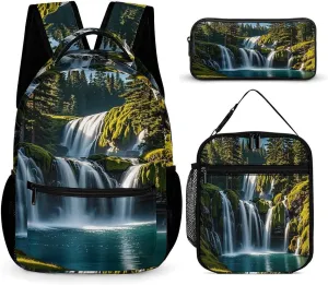 Backpack Lunch Bag Pencil Pouch Set, Green Pine Waterfall Print Lightweight & Durable 3-Piece Combo Ideal for Work, And Travel