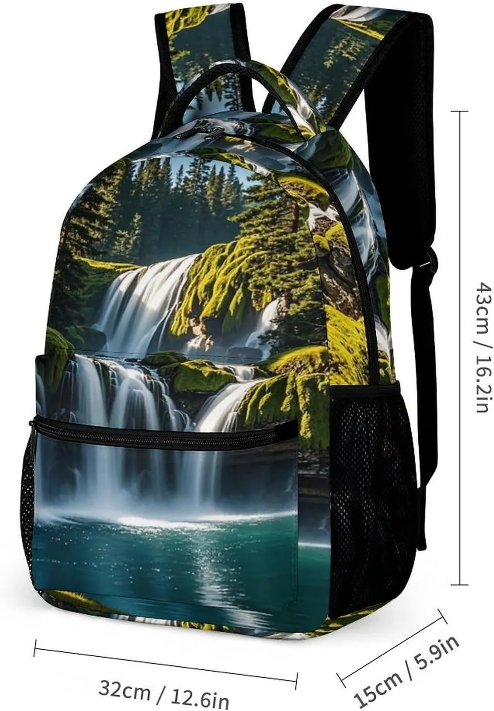 Backpack Lunch Bag Pencil Pouch Set, Green Pine Waterfall Print Lightweight & Durable 3-Piece Combo Ideal for Work, And Travel