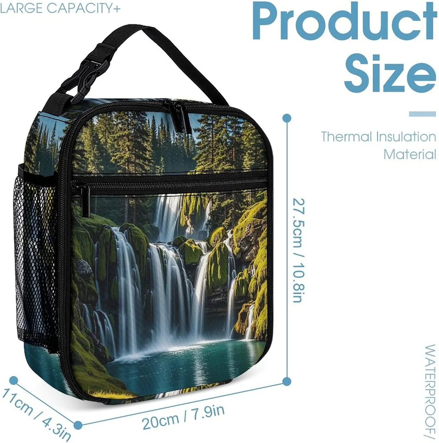Backpack Lunch Bag Pencil Pouch Set, Green Pine Waterfall Print Lightweight & Durable 3-Piece Combo Ideal for Work, And Travel
